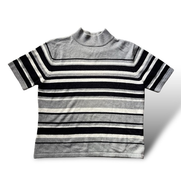 Vintage 70s Croft & Barrow Striped Mock Neck Knit Top Short Sleeve Sweater - Picture 5 of 10